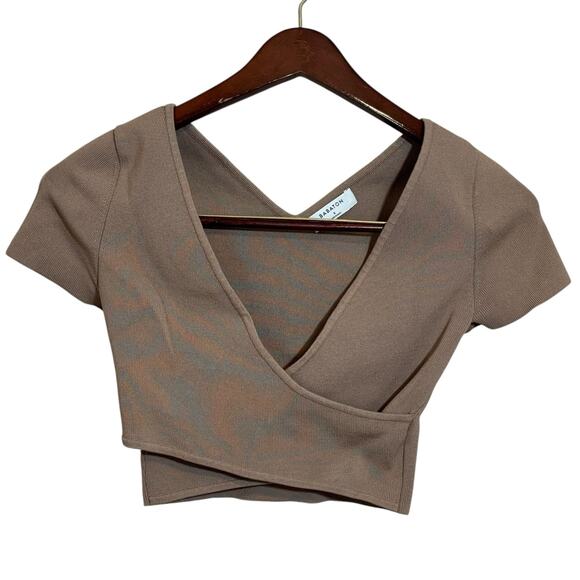 Babaton Faux Wrap Cross Front Cropped Tan Neutral Stretchy Shirt Top Size Small - Picture 1 of 7